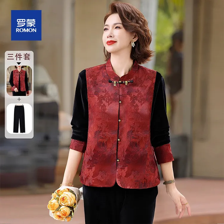 喜婆婆婚宴装妈妈秋装金丝绒套装2025新款中老年女装秋冬加绒外套