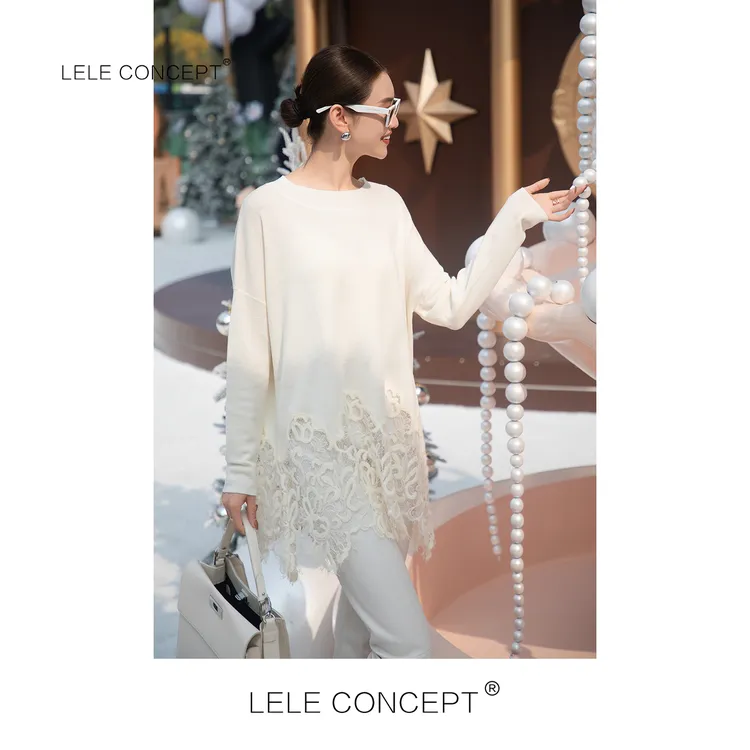 LELE CONCEPT丨「丽」法式轻奢款下拼蕾丝宽版上衣S1187
