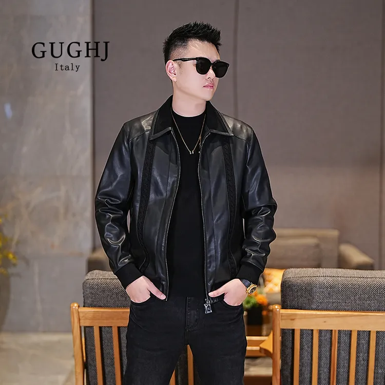 2025秋季新款男士针织拼接翻领皮夹克修身百搭帅气保暖休闲外套