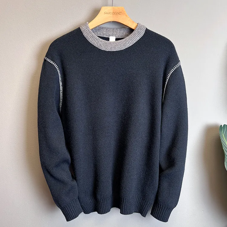 2026秋冬新款针织衫男士潮牌撞色宽松落肩休闲日系冬季圆领毛衣