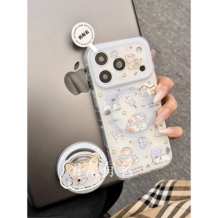 冬日满屏屋小猫雪人插画磁吸支架适用苹果17手机壳iPhone16/15/14