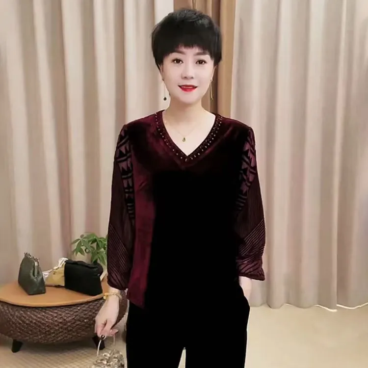 H秋季新款丝绒妈妈大码宽松遮肉显瘦烫钻V领旗袍衫上衣洋气打底衫