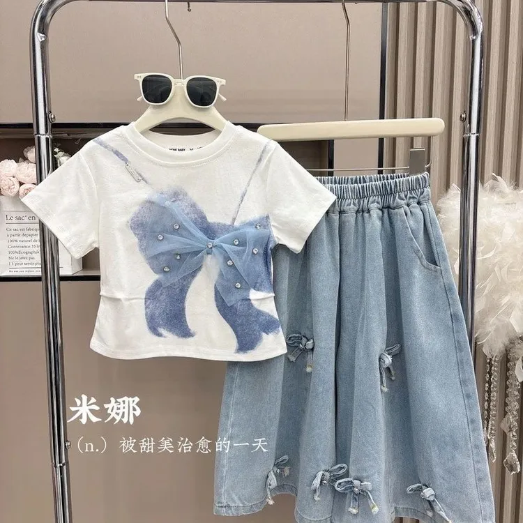 2025夏季女童立体蝴蝶结圆领纯色短袖是时尚百搭蝴蝶结裙裤两件套