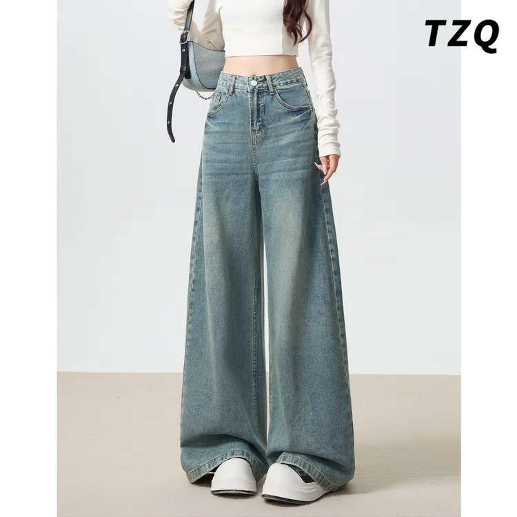美式复古阔腿牛仔裤女2025爆款做旧宽松显瘦慵懒拖地裤TZQ2582224
