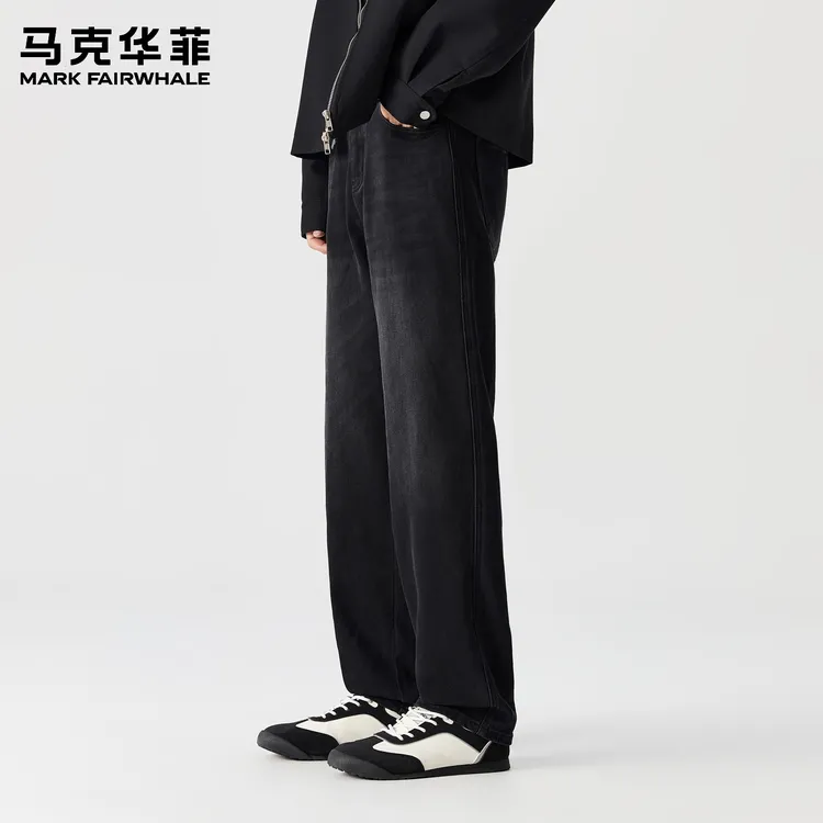 马克华菲黑色棉弹牛仔裤男秋冬季新款半松紧腰简约休闲宽松直筒裤
