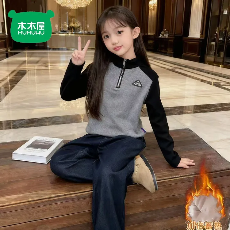 木木屋女童卫衣秋冬款假两件拼接衣服春装刺绣卡通女大童加绒上衣