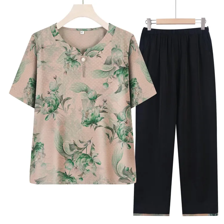 妈妈装夏款短袖洋气中老年两件套奶奶气质宽松夏季套装BD16828428