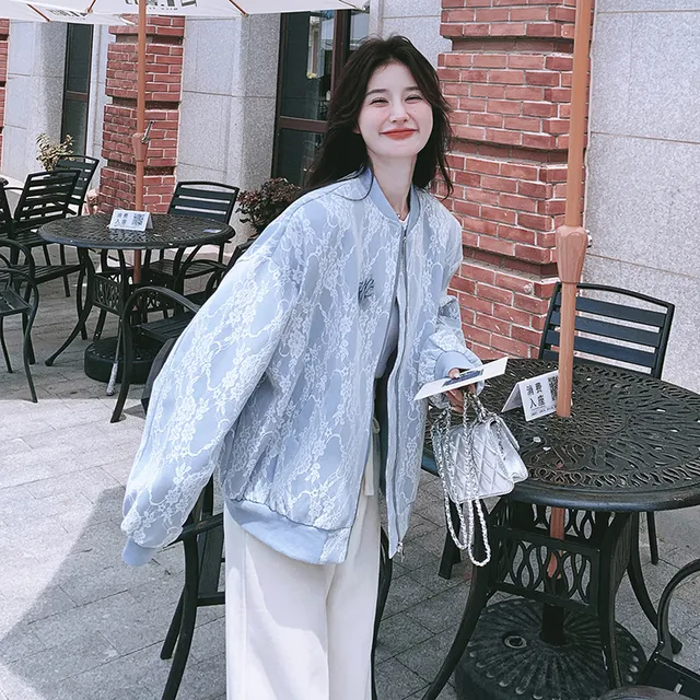独特超好看蓝色立领提花棒球服外套女春秋2025新款高级感夹克上衣