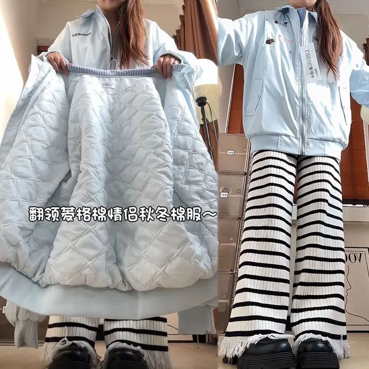 刺绣日系复古腊肠狗秋冬宽松翻领韩版加棉加厚拼接条纹加棉外套