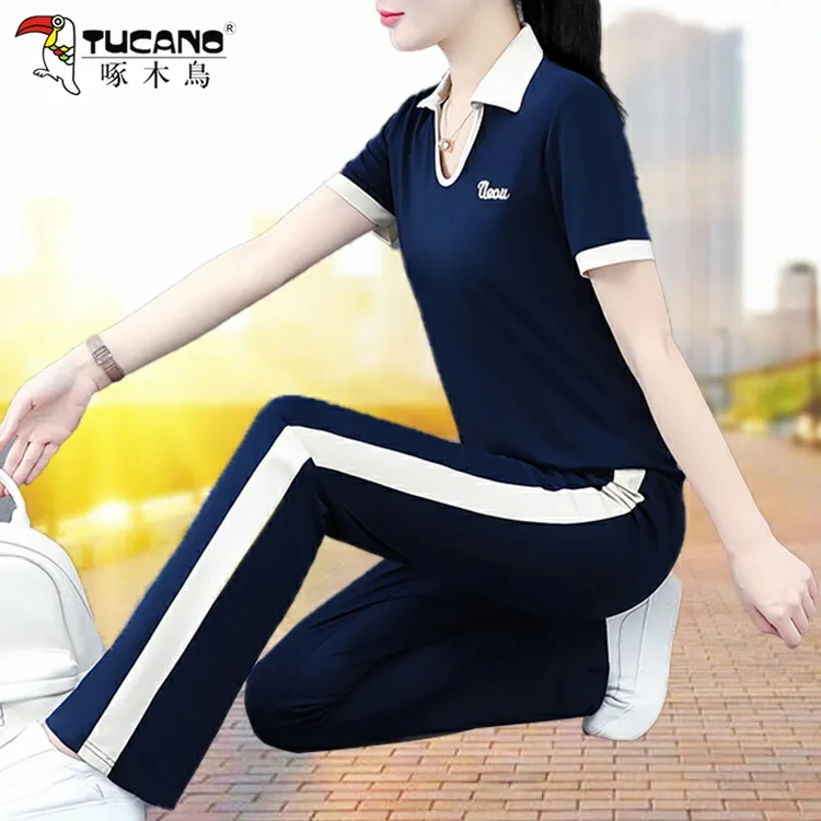 啄木鸟运动套装女夏季薄款新款中年妈妈装短袖两件套休闲时尚洋气