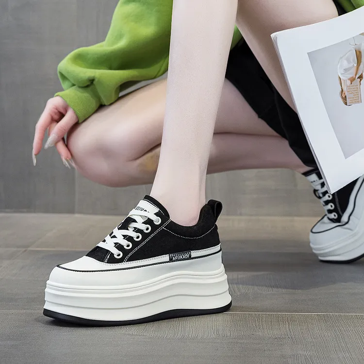 万达撤柜头层牛皮内增高女鞋8CM厚底隐形小个子春季透气运动板鞋