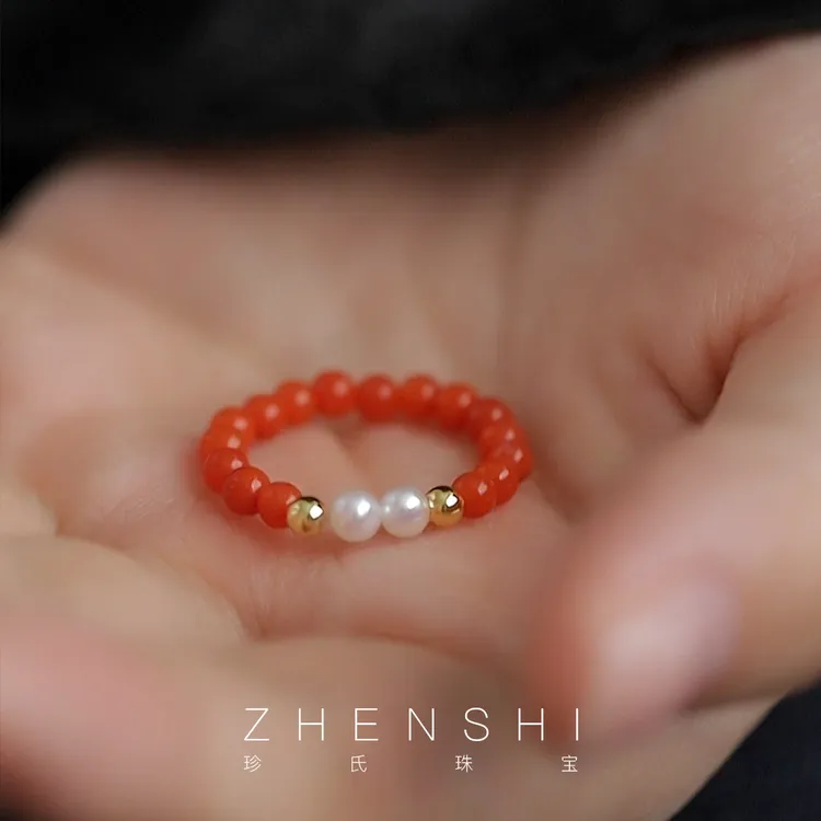 珍氏珠宝天然淡水珍珠戒指女款 新中式正圆高级感南红戒圈（栀清）
