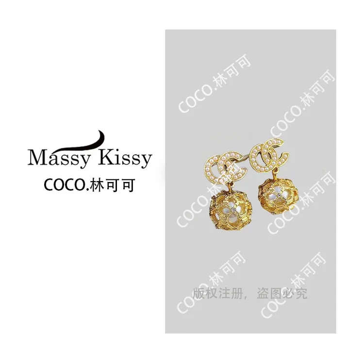 铜合金合成锆石耳饰 小香风镂空式珠珠耳环