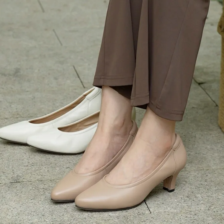 壹家shoes050068羊皮5cm四季单鞋通勤高跟鞋尖头粗跟日常真皮女鞋