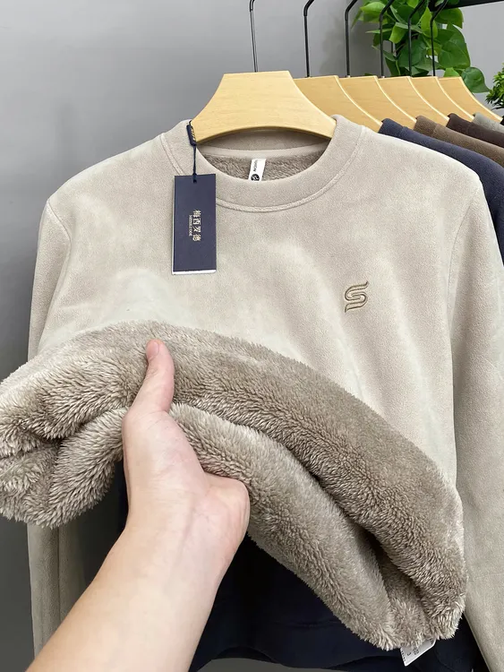 冬季圆领双面奥粒绒卫衣男士新款加绒加厚保暖抓绒打底衫套头上衣