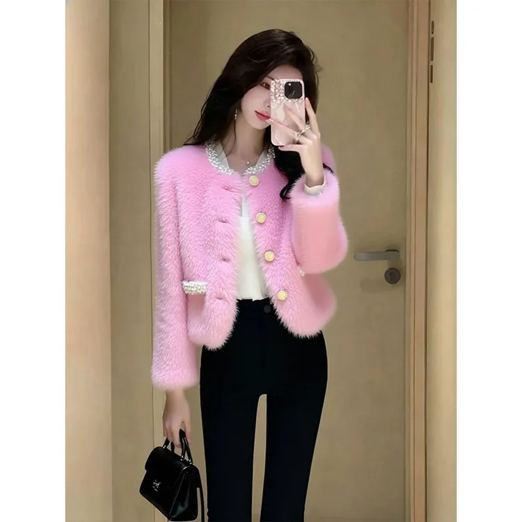 粉色小香风毛绒外套2026新款今年流行爆款高端时髦洋气加绒加上衣