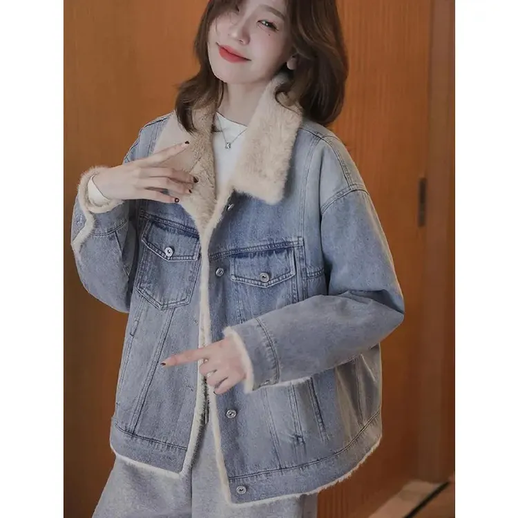 加绒加厚牛仔外套女2025秋冬季新款韩版宽松休闲小个子复古棉衣服
