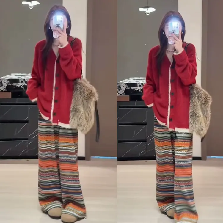 2026年早春季新款温柔风穿搭宽松针织外套休闲长裤两件套