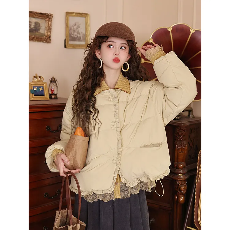 【瓦当月光】港风复古花边圆领棉服女款冬季新款宽松保暖棉衣外套潮