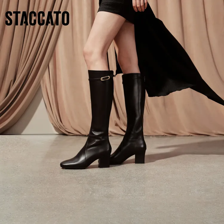 思加图2025冬季新款伊芙琳时装靴长靴高靴粗跟方头女皮靴EIA01DG5