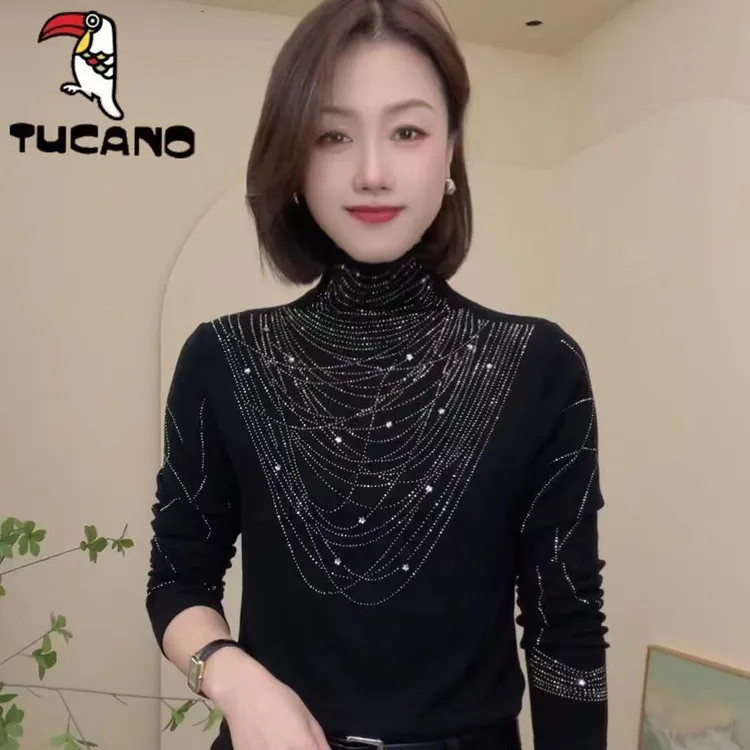 啄木鸟2025新款秋冬烫钻保暖半高领纯色减龄长袖时尚气质女士上衣