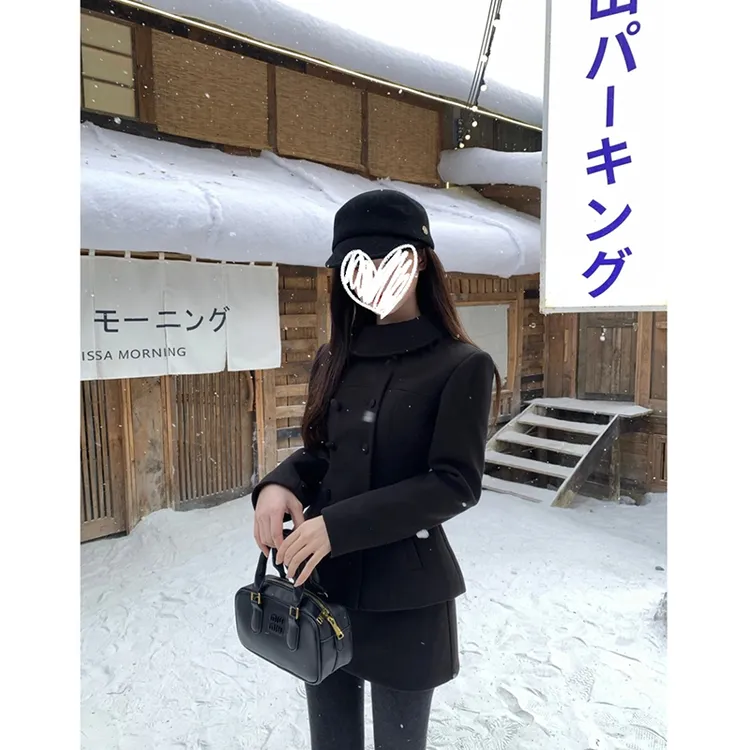 【智秀感】秋冬时尚设计感收腰毛呢黑色外套半裙两件套装