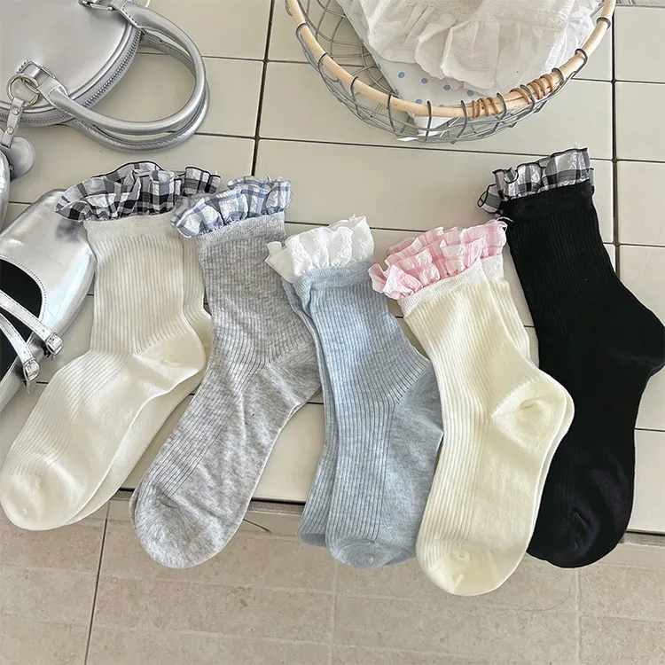 韩系格子花边无骨袜子女中筒袜春夏薄款凉感翻边棉袜夏天潮流堆堆