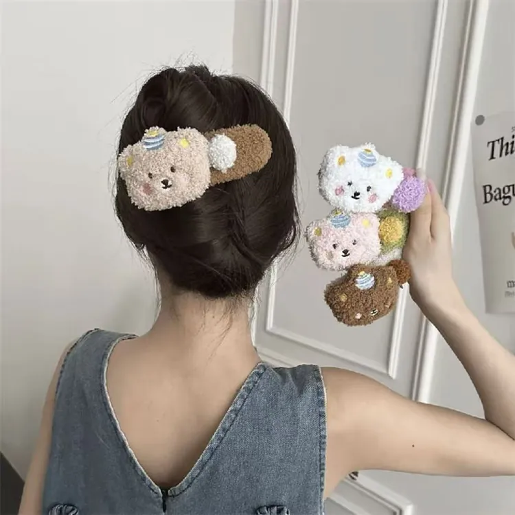 毛绒小熊女款发夹毛绒小熊大号鸭嘴夹女秋冬可爱发夹后脑勺发卡