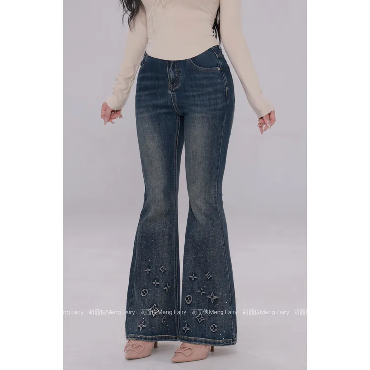 现货萌面侠【曲线腿精】70%棉纯欲百搭修身设计感烫钻微喇裤5917M