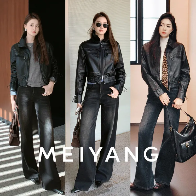 美洋MEIYANG 黑爵士皮衣 酷姐范儿~短款收腰擦色PU夹克外套-周四