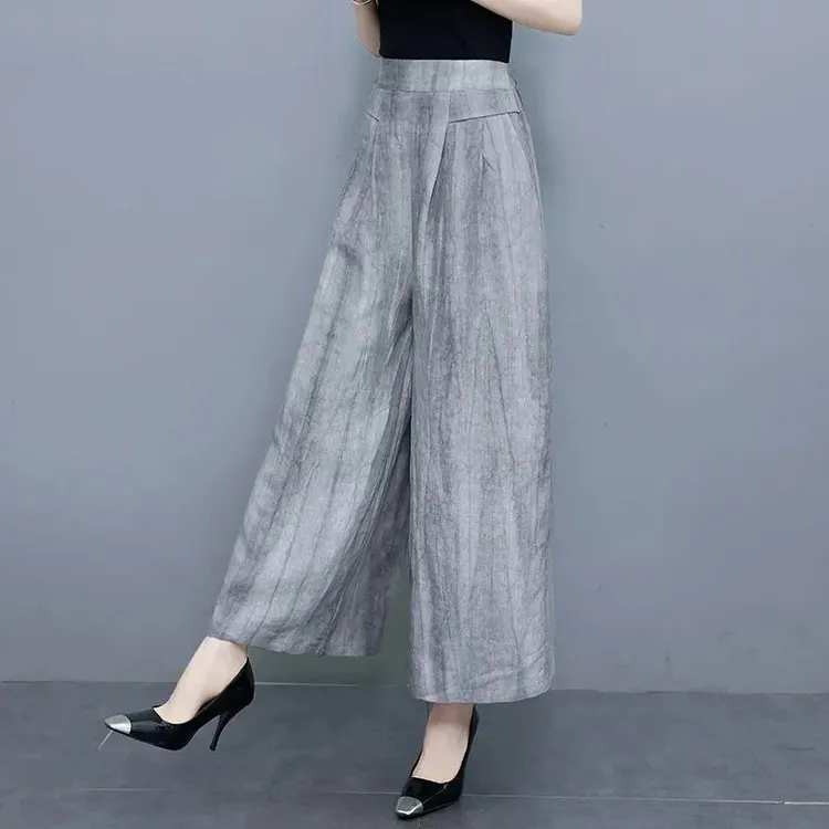 2025春夏直筒亚麻阔腿裤女复古高腰褶皱宽松大码薄款棉麻休闲裤子