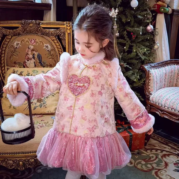 【福禄满满】女童夹棉旗袍冬装拜年服连衣裙织锦花苞亮片国风公主裙