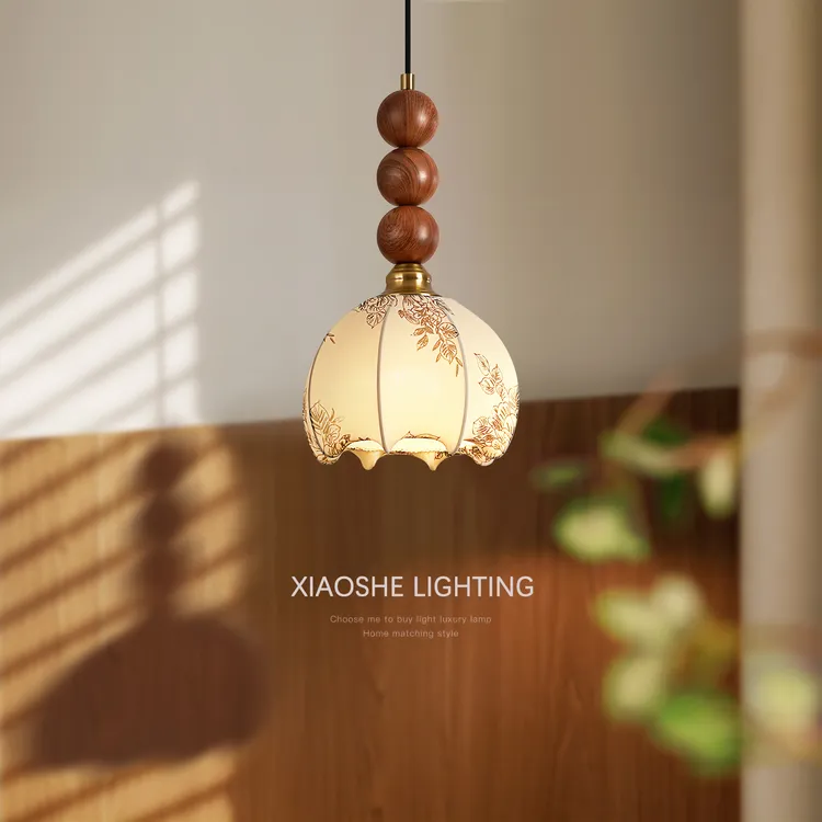 小奢中古风卧室床头小吊灯法式布艺走廊过道灯全光谱护眼吊线灯