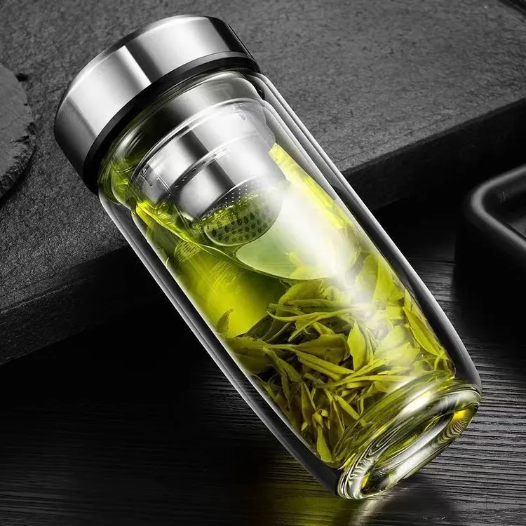 【玉金晶】玻璃鹅蛋杯钢盖大容量男士商务泡茶便携隔热水分离杯水杯