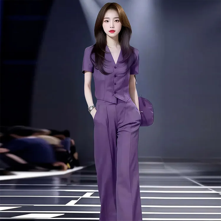 时尚套装女2025夏季新款时髦洋气质显瘦V领无袖上衣阔腿裤两件套