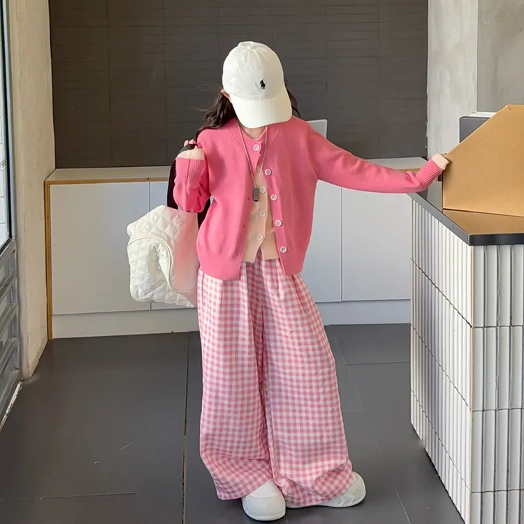 女童套装秋装2025新款洋气大童韩系假两件开衫毛衣儿童秋季格子裤