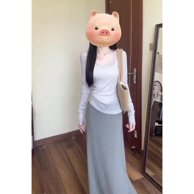 2025秋季新款法式气质V领百搭显瘦针织上衣中长款高腰显瘦半身裙