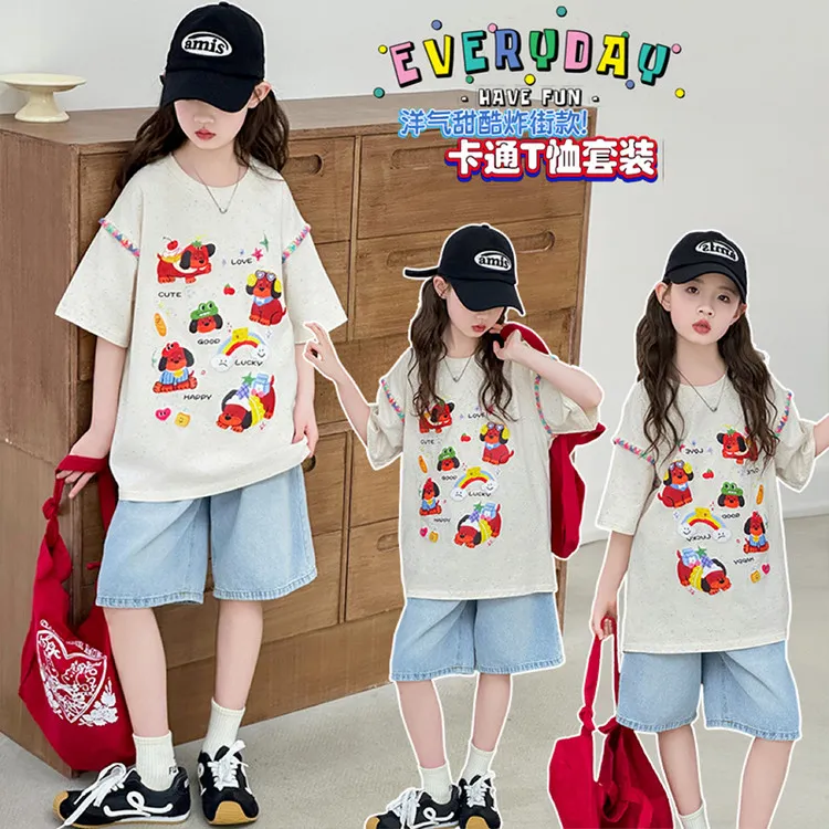 新品巴拉短袖套装夏季6-12岁儿童夏装牛仔短裤上学运动潮款大童10