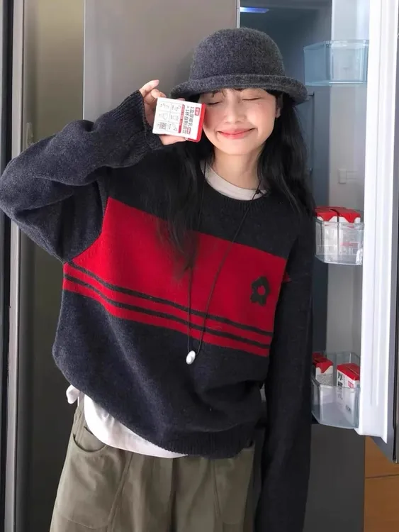 韩版圆领小花条纹提花套头毛衣女2025秋冬新款宽松针织衫上衣2555
