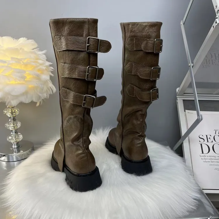 女靴中筒靴长筒时尚厚底粗跟中筒时装靴长靴百搭骑士高帮英伦秋冬