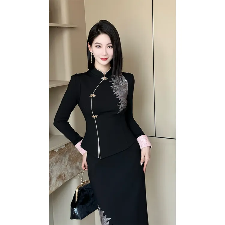 格娜秋冬新款气质新中式套装旗袍刺绣上衣温柔优雅显瘦国风两件套