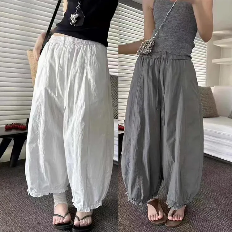 新款甜美木耳边九分裤灯笼裤女夏季显瘦抽绳松紧腰气球裤休闲裤