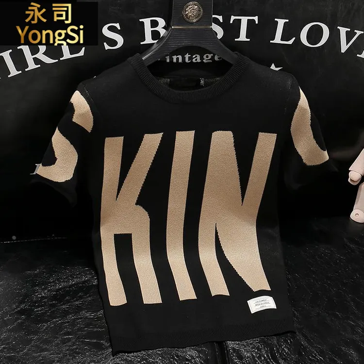 短袖毛衣男2025秋冬季字母提花半袖针织衫潮牌男士内搭圆领打底衫