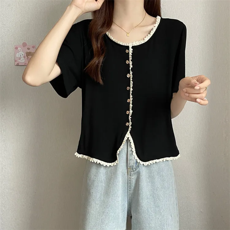 木耳边钉珠设计感短袖T恤女夏季大码胖MM遮肉显瘦开叉设计感上衣