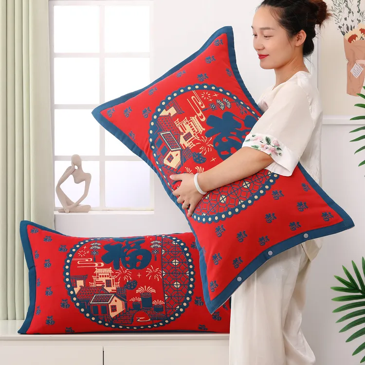 纯棉纱布大红色枕套过年新年款一对加厚枕头套成人枕芯内胆套