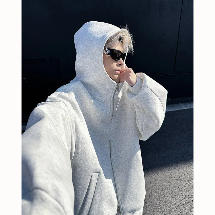 春季美式街头双拉链卫衣男连帽设计感小众重磅痞帅运动帽衫外套潮