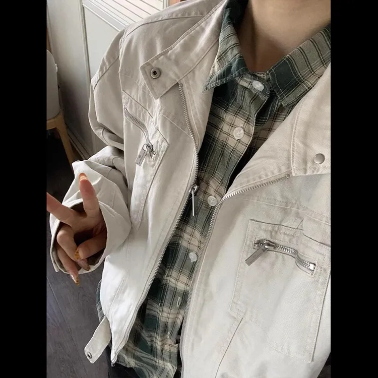 米白色工装卡哈特短外套男春秋美式vibe飞行员夹克cleanfit棒球服