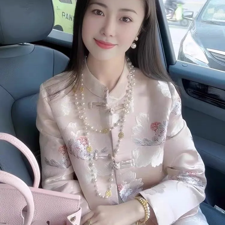 缎面新中式国风盘扣外套女装春秋新款感重工感提花上衣