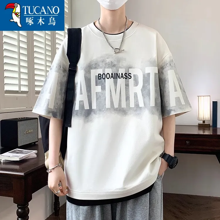 啄木鸟假两件短袖T恤男生夏季热款青少年冰丝凉感宽松潮流印