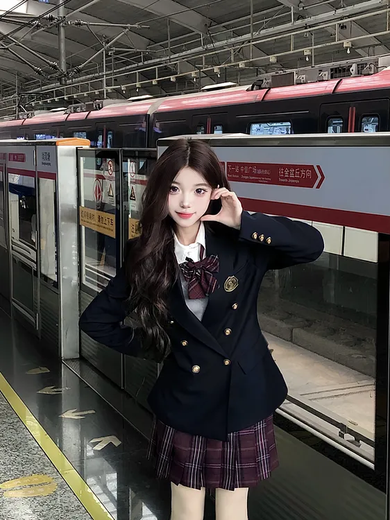 千纸鹤jk西装女双排扣收腰西装外套藏青色jk西服学院风校供感制服